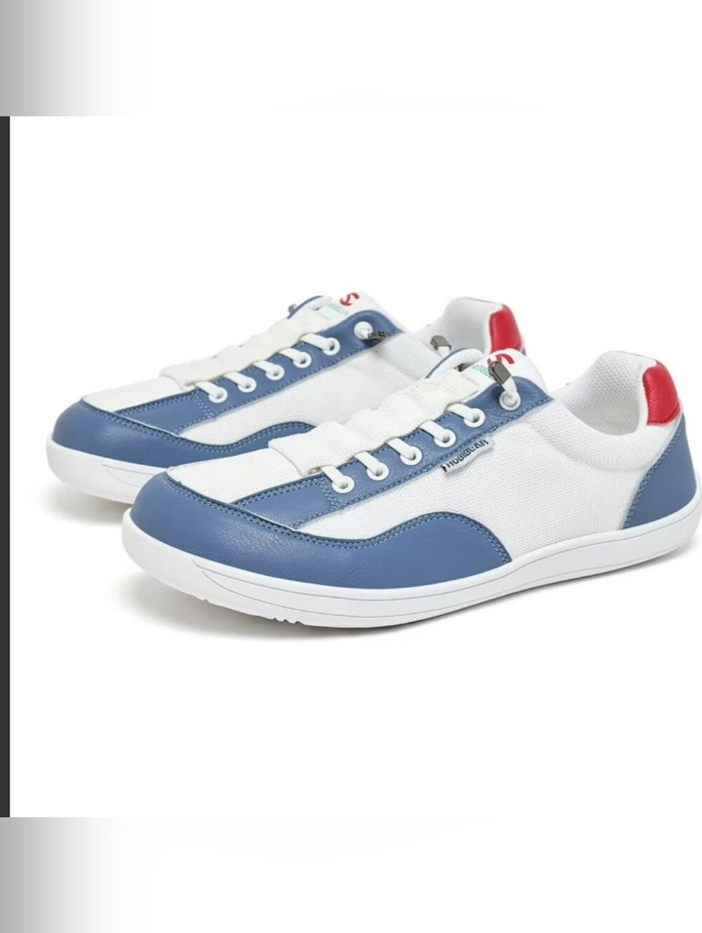 White & Blue Low-Top Hobibear Sneakers with Red Heel Accent